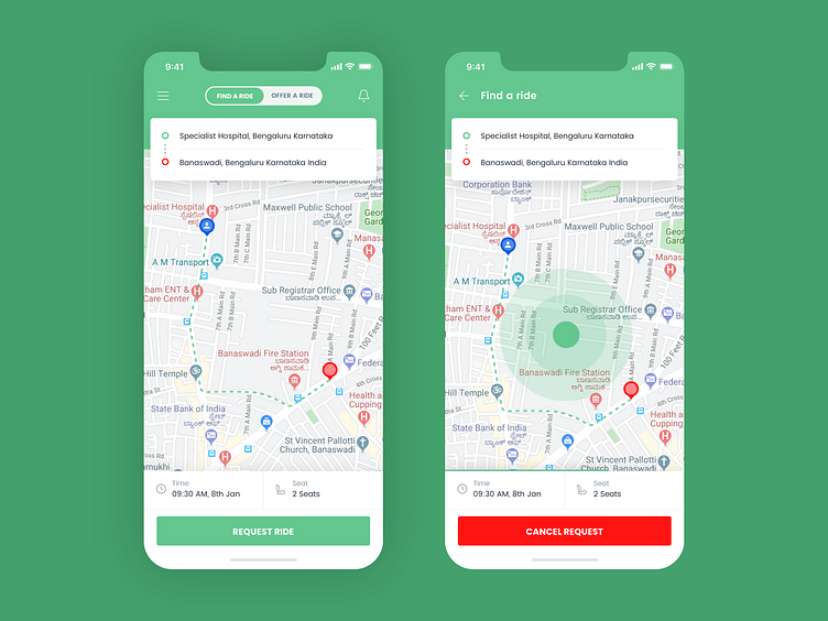 Ride sharing app UI by Jobish KM on Dribbble