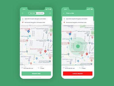 Ride sharing app UI android app app bike car concept design green green color ios request ride share ui ux