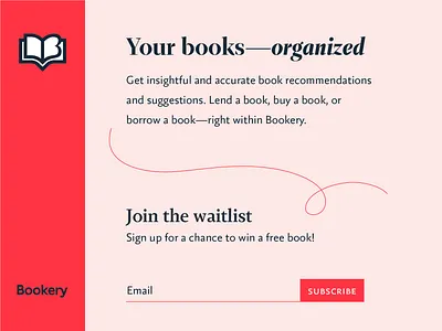 Bookery book brand email icon identity library logo mark red typography web