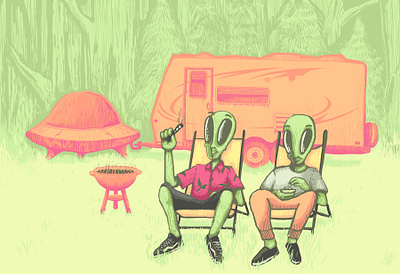 Aliens on Holiday alien camp camping caravan e.t. forest holidays illustration spaceship ufo vacation