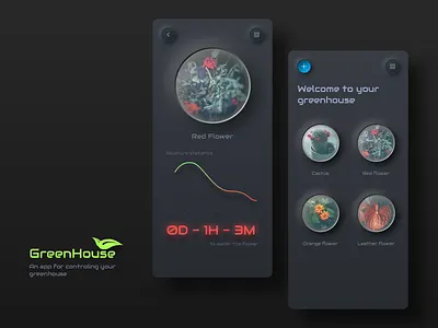 Greenhouse app apple application branding concept darkmode design energy flower greenhouse ios iphone trees trend trending trendy ui uiux ux