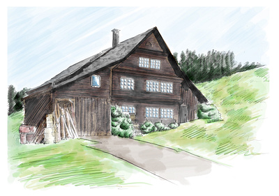 Old Swiss farmhouse barn cute digital farmer home house illustration landscape landscapes peaceful swiss watercolor