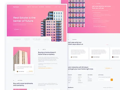 RestRoot - Real Estate Landing Page buy card cards clean desgin family gradient home homepage house landing page layout pink property real estate rent simple ui user inteface ux