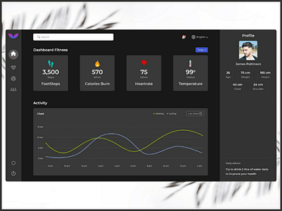 Fitness Dashboard - Dark Mode calories dark dark mode dark theme dashboard exercise fit fitness fitness dashboard footsteps ui uiux ux