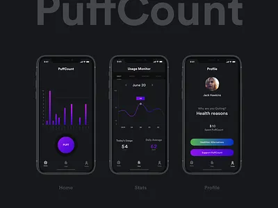 PuffCount dark theme graph infographics iphone ui ux design