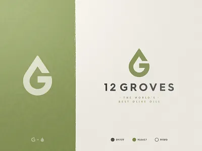 12 Groves - Brand Identity brand brand identity branding design drop g letter identity identity designer lettermark logo logo designer logomark logotype design logotype designer mark negative space olive oil smart mark style guide typography
