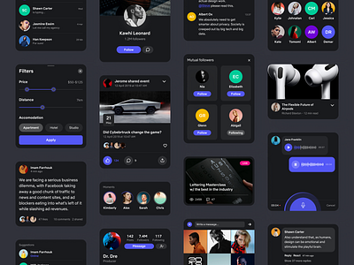 Social UI Kit - Dark Mode ⬛ • Freebie article blog chat event figma filters followers freebie friends gallery giveaway invites kit list login messaging product profile sketch social