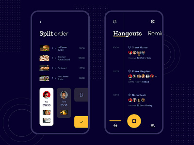 Split Check App - Dark Theme - Rebound adobe xd animation app clean concept concepts dark theme flat food iphone minimal pay rebound restaurant ui ux