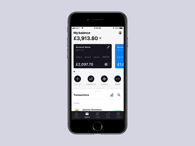 “Spend” tab — cards overview add card balance banking app concept icons illustration interactions interface ios mobile ui redesign spend ui ux