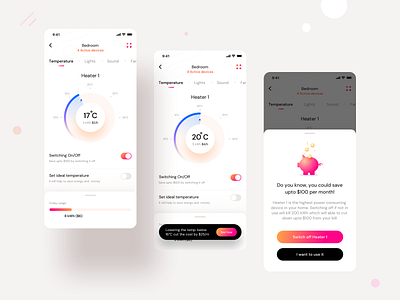 Household Energy Monitor : Prototype 1 (Design Assignment) ai artifical intelligence app electricity saver illustration ios knob mobile mobile app design mobile ui modal neel notification prakhar sharma smarthome switch technology temperature light music sound ui uiux