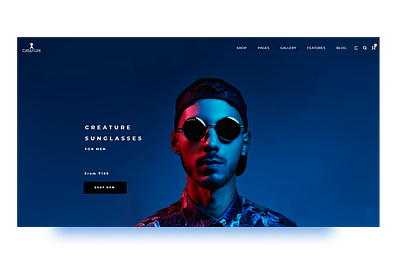 banner creature branding colored shadow creature sunglasses dark dark ui design ecommence shopify ui website website design