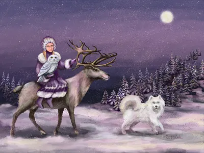 Polar night walkers 💫 🌓 art character character design digital art forest illustration ipadproart magician night nordic owl polar procreate procreate art raindeer raster samoyed snow walking winter scene