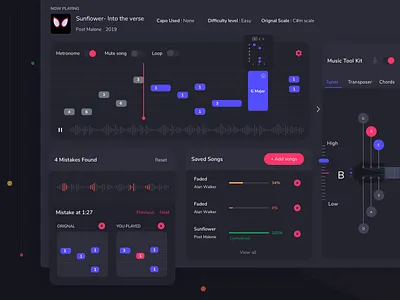 Concept Guitar Learning Platform blue chord dark dashboard design errors guitar kit music note player strings theme tool transposer tuner ui ux