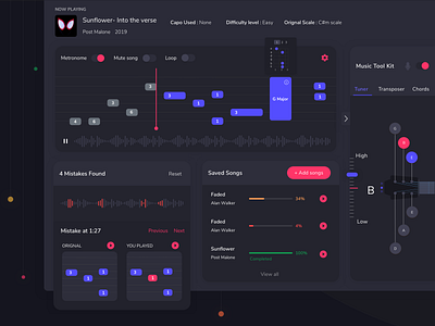 Concept Guitar Learning Platform blue chord dark dashboard design errors guitar kit music note player strings theme tool transposer tuner ui ux