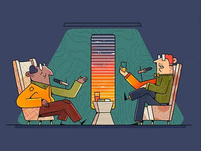 Podcast 2d illustration armchair character character design dialogue drink flat podcast science scientist sky space talk window