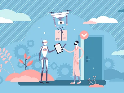 Robot Delivery automated box business commercial concept delivery delivery app drone e commerce flat illustration logistic package retail robot service shipment shipping vector