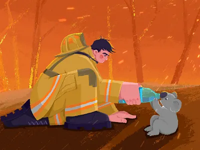 Care for animals 2d animation australia bottle boy care character design fire fireman illustration koala man nature plants vector video water