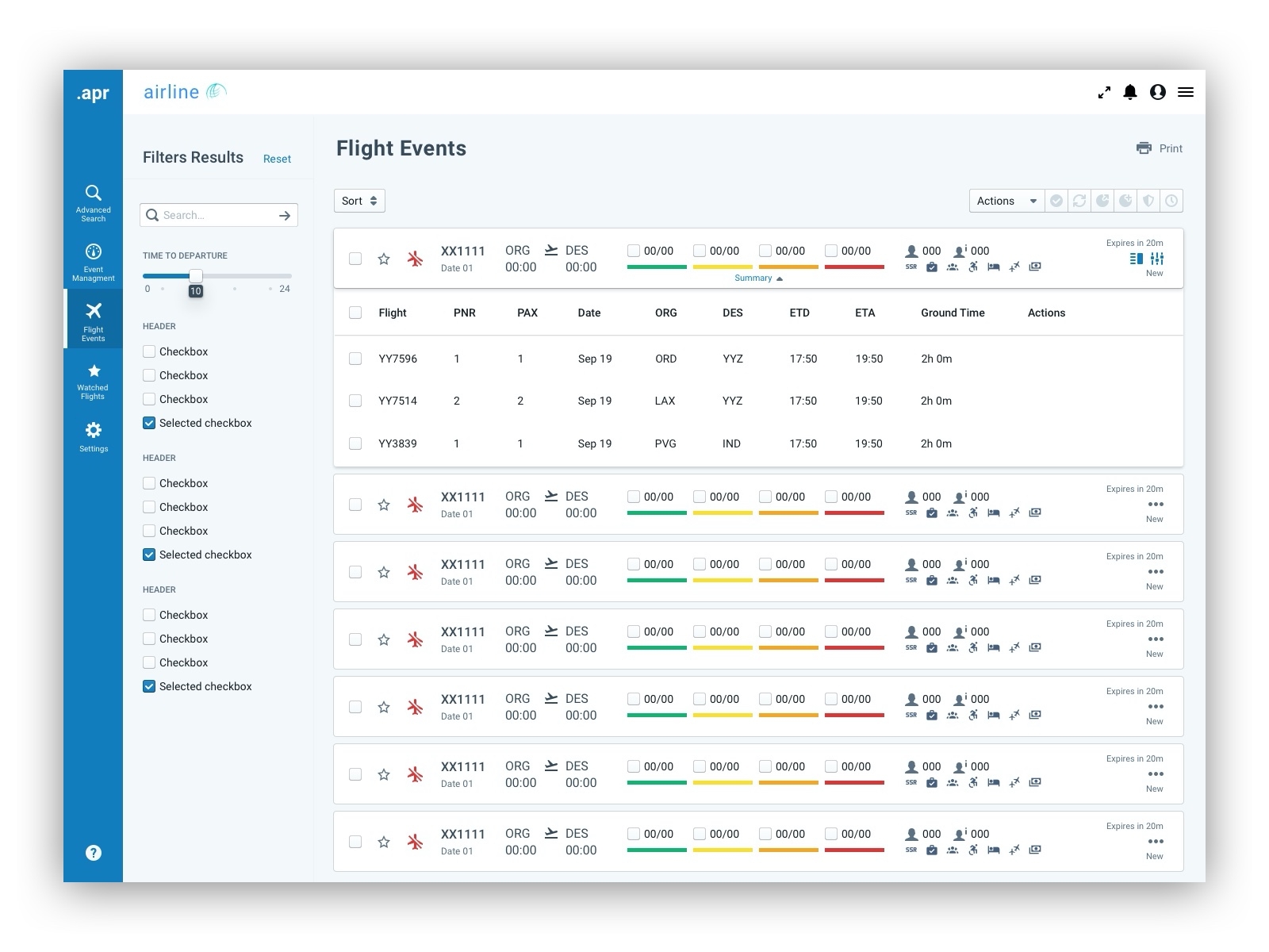 Quick Look airline blueprint.js enterprise application filters list side navigation sketch table ui