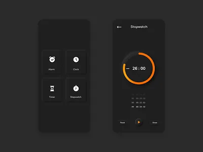 Skeuomorphic/Neumorphism Timer apps Dark mode adobe android app dailyui dark mode design trend design trends 2020 figma flat interace interaction design ios neumorphic night mode orange skeuomorphic stopwatch timer app ui ui ux xd