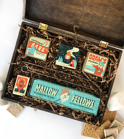 Jetpack S'mores Kit | Client Christmas Gift branding christmas enamel pin illustration marshmallow matches packaging packaging design product design retro typography vintage