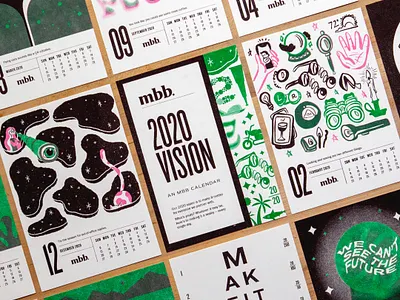 Riso Calendar 2020 calendar cat illustration mirror ball overlay print riso telescope