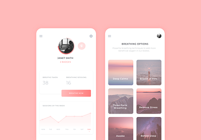 Breathing App adobe xd app design breathing calming dashboad design grid layout interface design pink ui ux ux design web design