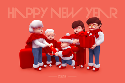Happy New Year animation c4d design flat illustration vector 一家人 平面 插图 设计