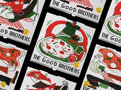 The Good Brothers Pizza Box Illustration brand illustration branding character design colorful design illustration packaging design pizza pizza box