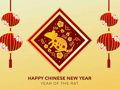 Happy Chinese New Year of the Rat asia card celebrate characters chinese new year cute cartoon character greeting greeting card holidays illustration january ornament red sakura seasons singapore template vector illustration year of the rat zodiac sign