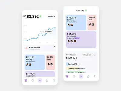Banking Dashboard aggregator app assets banking banking app dashboard debt equities income investment light money tangible ui