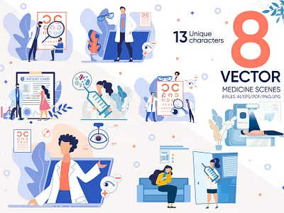 Medicine Vector Scenes aid care character doctor flat flu girl having health illustration medic medicine ophthalmologist person physician scene sick vector visit woman