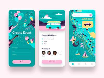 App for Organizing Custom Events app car carpool design doodles event holliday illustration location map mermaid mobile app music party passengers ui ux