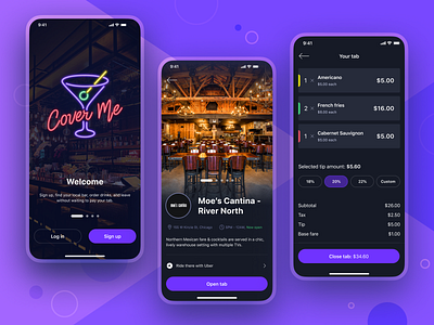Cover Me app application bar book button cafe design food food app interaction ios iphone mobile pay restaurant tip typography ui ux welcome