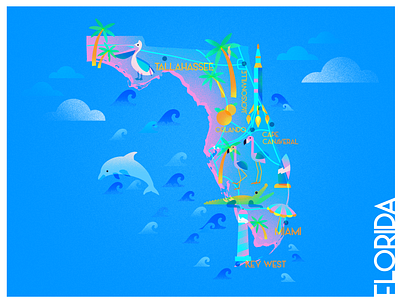 A state a day. #8 - Florida art blue challenge design flat florida illustration infographic map nature noise ocean pink postcard poster a day rocket states texture usa vector