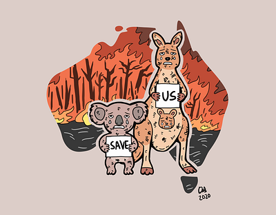 save australia from burning disaster art australia burning climate change disaster drawing fire illustration kangaroo koala