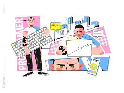 Programmer concentrated at project illustration character concentrated flat illustration kit8 man programmer project vector working