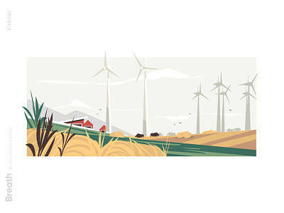 Windmills placed on farm illustration countryside farm fields flat illustration kit8 resource vector windmills