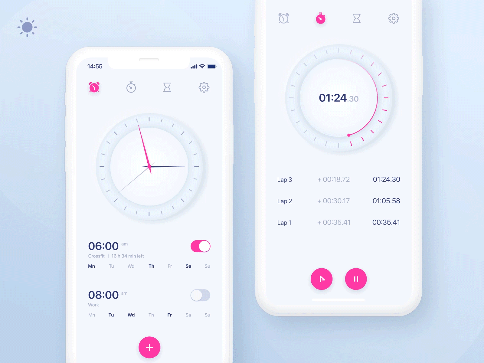 Alarm App— Dark/Light Mode alarm ani animation app app design clock concept dark mode design gradient light mode motion design stopwatch ui vector