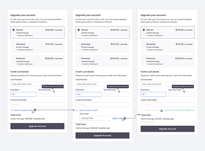 Upgrade your account concept credit card discount code input inputs payment form payment method plans pricing tooltip ui upgrade userinterface ux widget