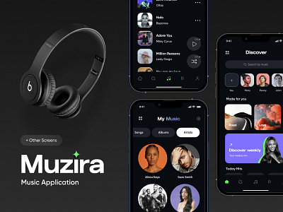 Muzira music application app dark design headphone minimal music nftmusic social song spotify stream streaming ui ux