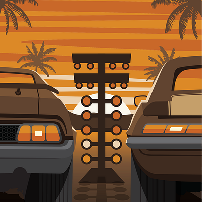 Sunset Race camaro car cars casale graphic design desert digital illustration drag strip drive driving illustration mustang nick casale palm tree palm trees race sunset synthwave