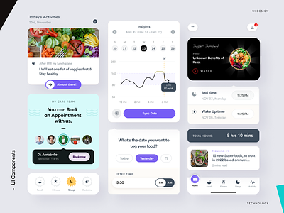 Healthcare UI Components animation app cards components cult.fit cure.fit design fitness food graph illustration ios landing page minimal news sugar.fit tab ui ui8 web