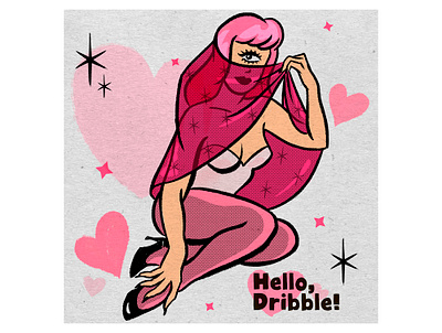 Hello, Dribble! debut girl girl illustration heart illustration pink retro illustration vintage illustration vintage inspired