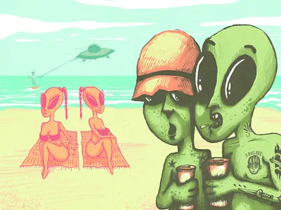 Aliens on Holiday alien beach drawing illustration kitesurf tattoo water