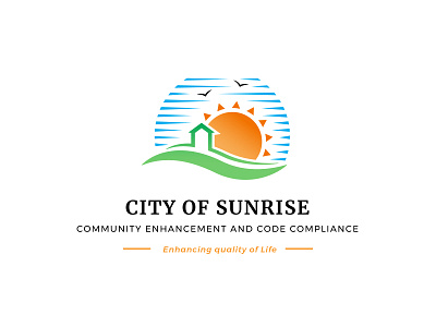 Logo Concept for a Government Agency birds blue circular city dailylogochallenge green home house hut logochallenge minimal nature orange rays scenery simple sky sun sunrise