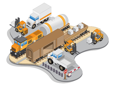 Railroad station. automobile car cargo carrier delivery industry isometric loading locomotive lorry platform railroad rails railway station train transport truck unloading wagon