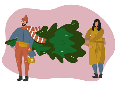 People carrying Christmas tree celebration christmas gifts christmas tree december decoration design family flat gift box greeting illustration merry christmas new year vector illustration vectorart webdesign