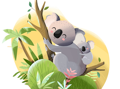 Koala 2d animals animation character design happy illustration koala nature plants smile texture trees video