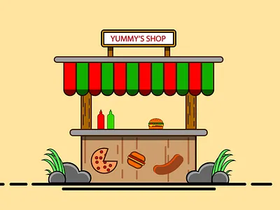 Yummy's shop artist burger design flat food food illustration grass illustration illustrator pizza shop stone trending tutorial vector