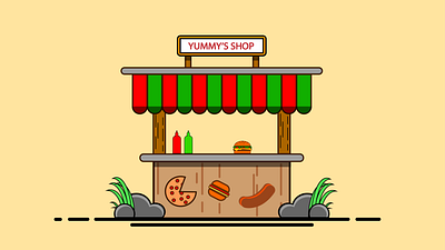 Yummy's shop artist burger design flat food food illustration grass illustration illustrator pizza shop stone trending tutorial vector